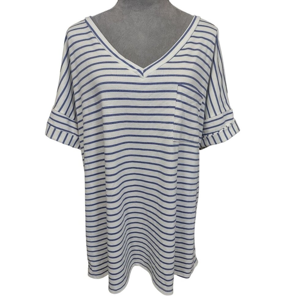 Glitzy Girlz Vintage Tshirt Striped Vneck Cuffed Short Sleeve Stretch Plus 5X